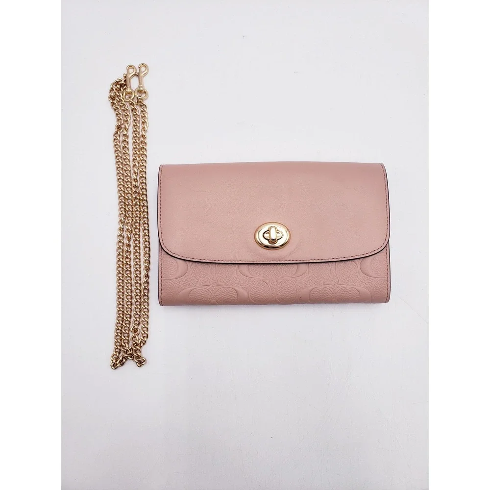 Coach Crossbody Bag Pink Signature Embossed Leather Turnlock Chain Clutch‎